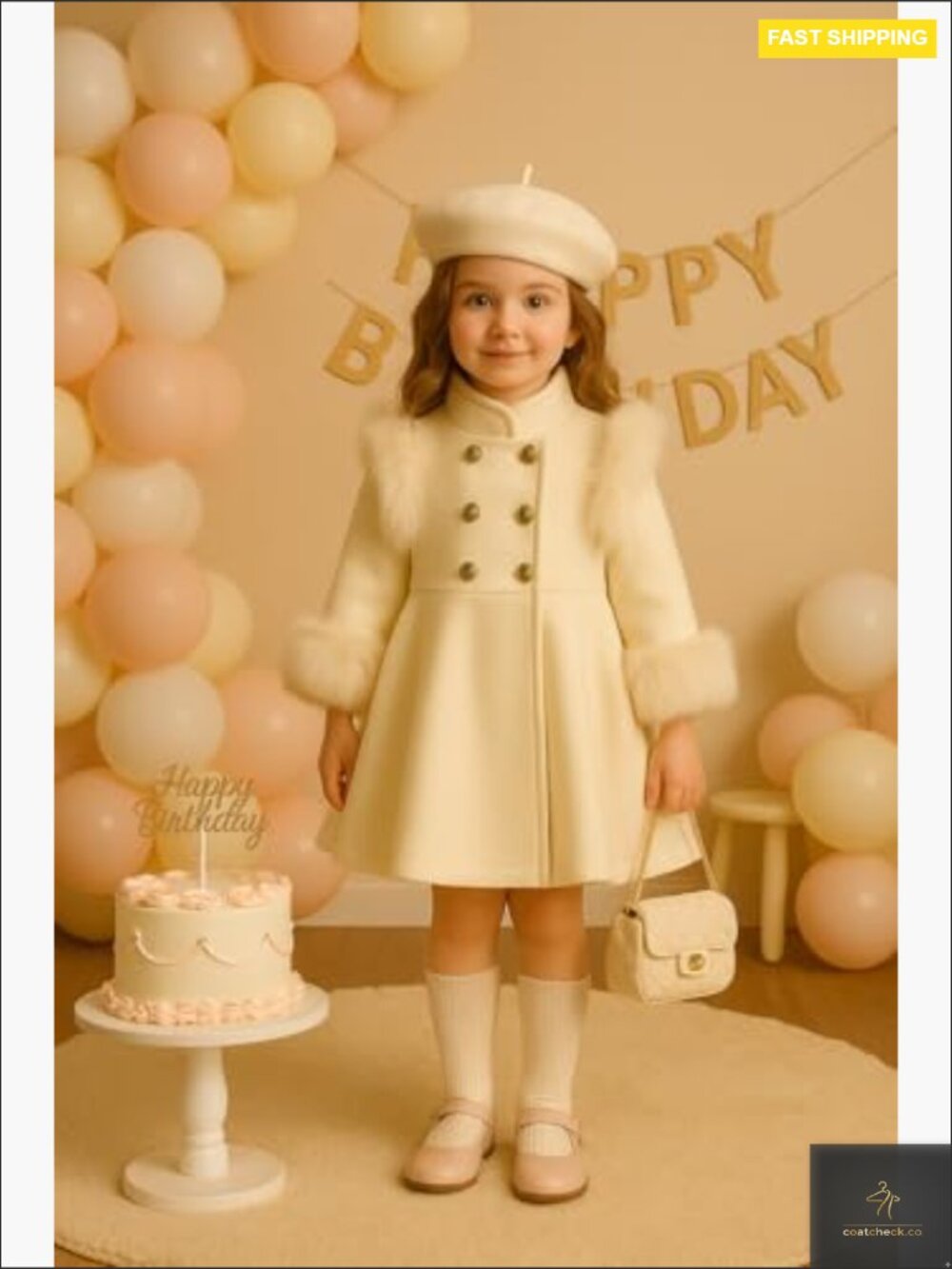 Toddler Double Breasted Faux Fur Dress Coat Peacoat Elegant Birthday Outfit - Picture 5 of 7